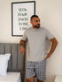 Men summer pajama set Light Grey T-shirt + Black X White Checkered Short